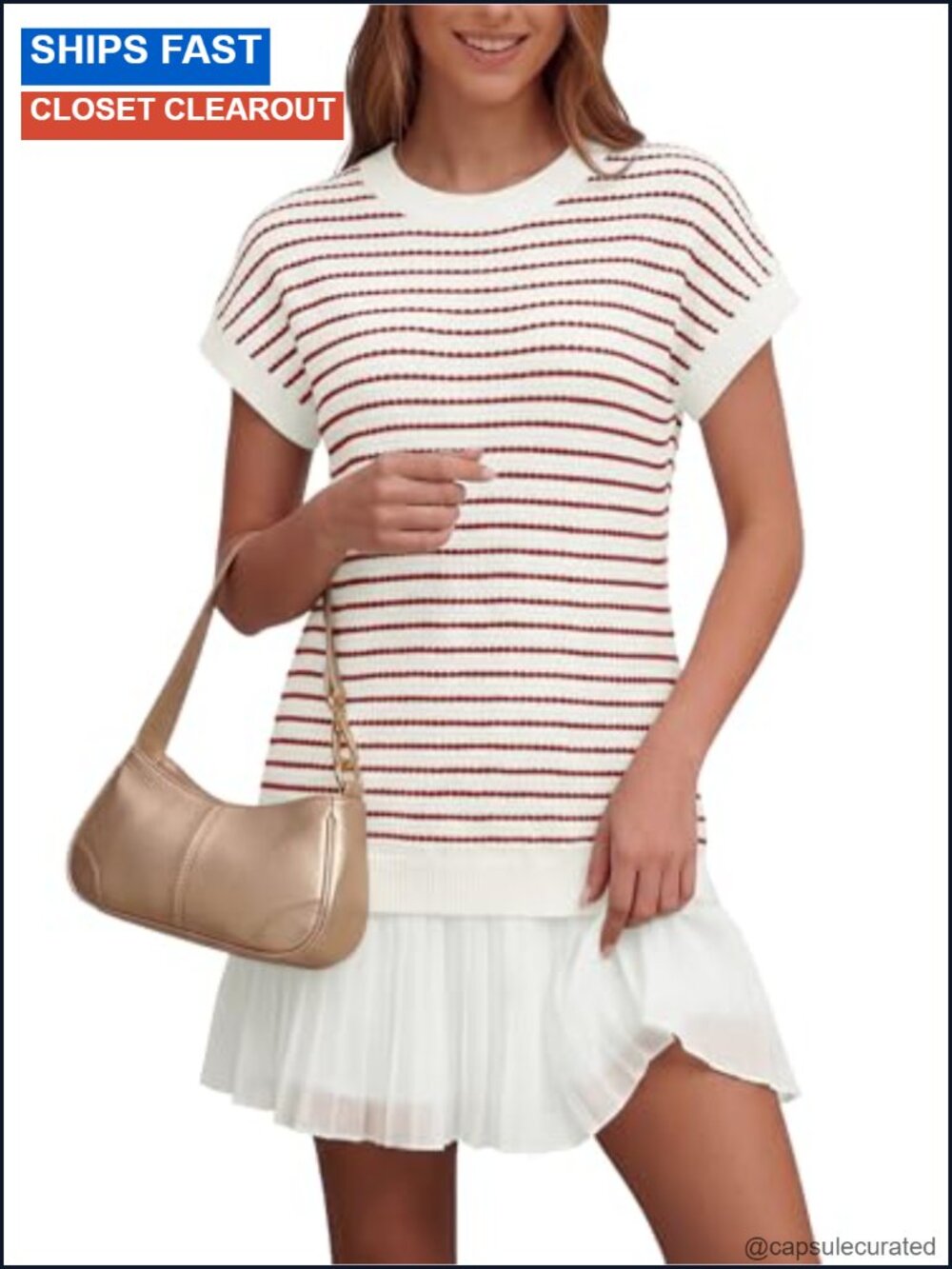 Striped Knit Mini Dress with Pleated Chiffon Hem - Preppy Casual